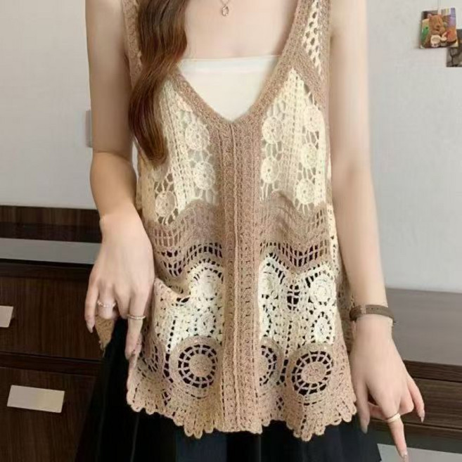 여성 여름 뷔스티에 니트조끼 그물 니트베스트 망사조끼(끈 민소매 포함)