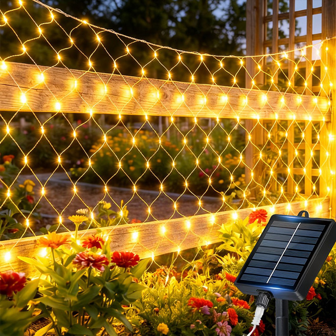 KELAKE 태양광 그물형 led 줄조명 LED 트리등 정원장식트리등 리모컨 포함, 1.5Mx1.5M, 노란색Yellow