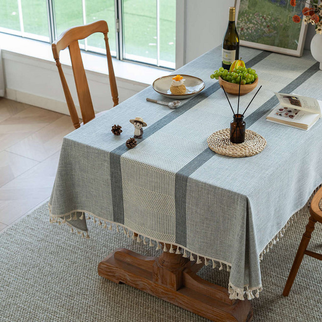 棉麻布藝桌布 亞麻檯布 餐桌布 茶几布 長方形蓋布巾, 幾何編紋-灰色,100*160cm, 1個