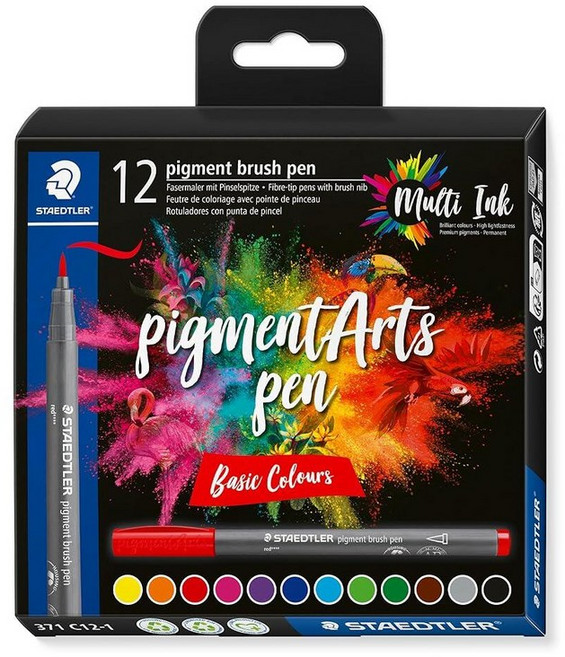 STAEDTLER Pigment Arts 멀티 잉크 브러시 펜 다양한 기본 색상 36개 브러시 펜촉이 있는 섬유 팁 펜 영구적 방수 저널링 컬러링 핸드 레터링, 12 Colors