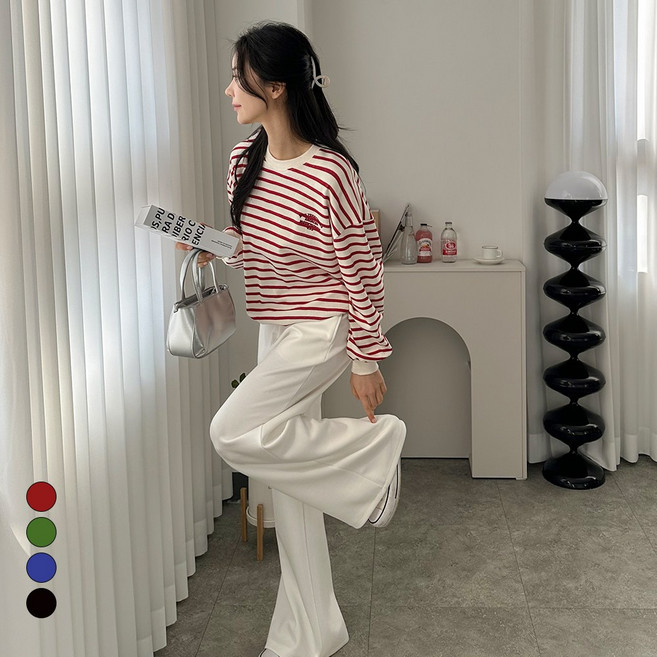 디테일웨어 여성 파스텔 단가라 맨투맨 자수 레터링 오버핏 긴소매 티셔츠 여자맨투맨 스트라이프 데일리 스웻셔츠