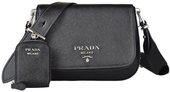 PRADA SAFFIANO LUX 銀字LOGO 防刮牛皮 磁釦斜背包, 黑