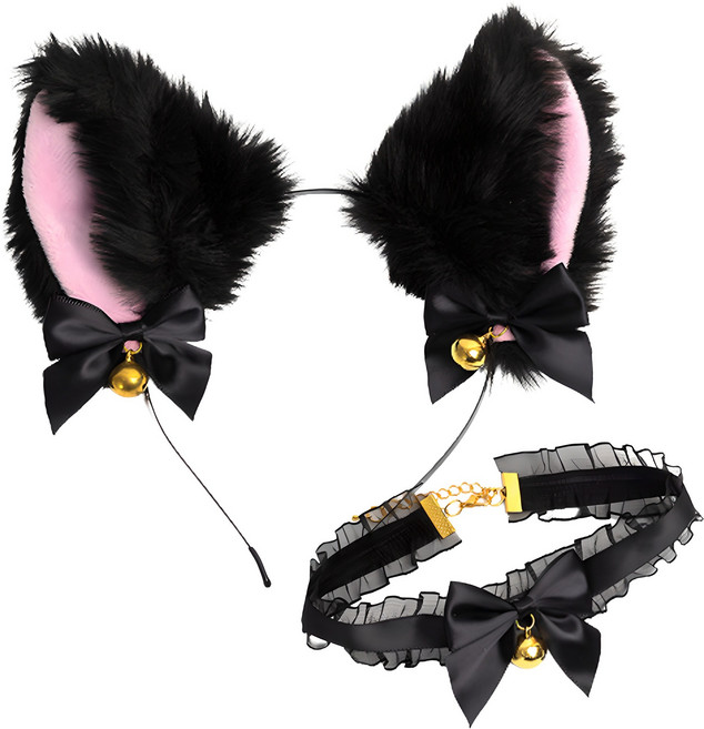 방울귀 고양이 머리띠 + 목걸이 세트, 블랙, 1세트