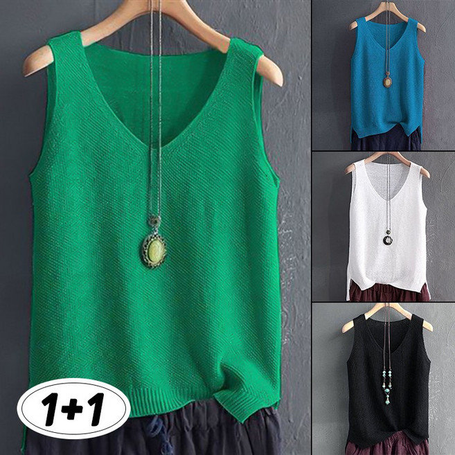 2장세트 100kg까지 빅사이즈 아이스 민소매 니트티 브이넥 여름 시원한 나시 티 여성 니트 끈나시 날씬해 보이는 이너 티셔츠 상의 10컬러