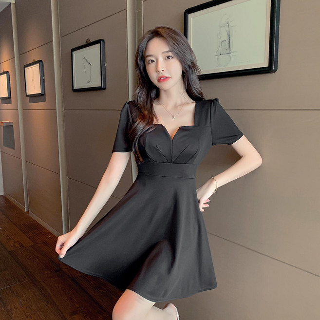 小個子純色連衣裙女夏新款法式方領小禮服收腰顯瘦氣質短裙子, XL