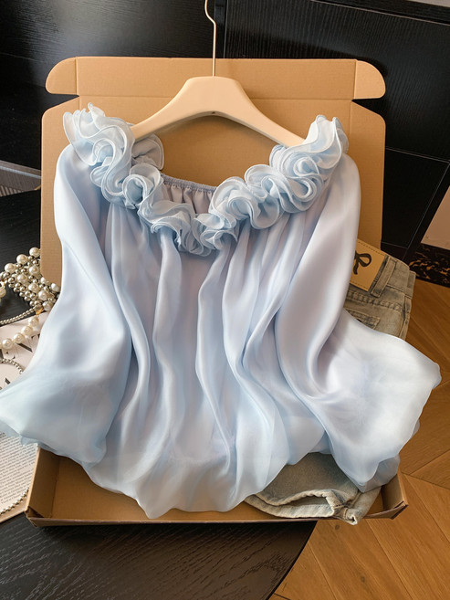 法式溫柔風一字肩立體花朵襯衫女氣質上衣