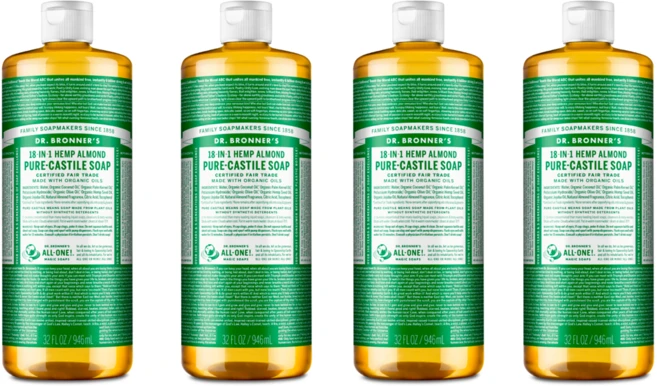 닥터브로너스 퓨어 캐스틸솝 물 비누 945ml x 4 아몬드 18in1 다용도 설거지 얼굴 빨래 애완 - 쿠팡