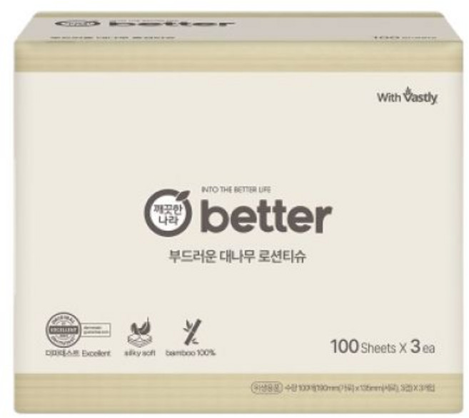 (정품) 깨끗한나라 better(베러) 부드러운 대나무 로션티슈 100매 3입 2팩