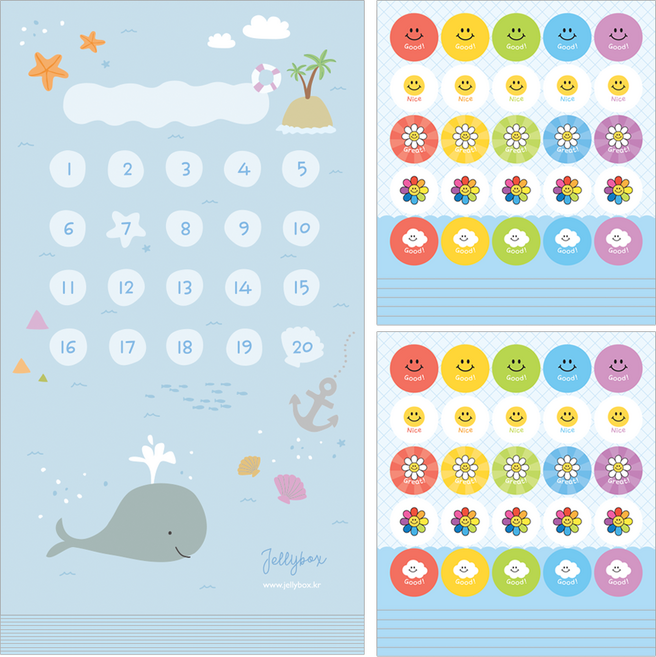 젤리박스 미니 칭찬판 칭찬스티커 12장, 미니고래, 1세트