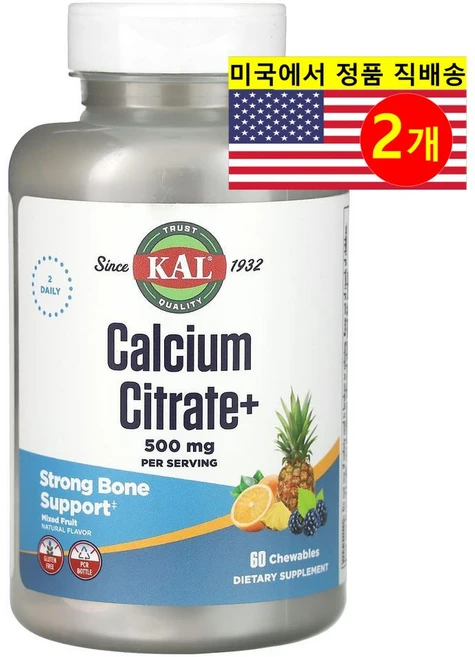 KAL 칼슘 시트레이트플러스 혼합 과일 츄어블 60정, 2개 - 쿠팡
