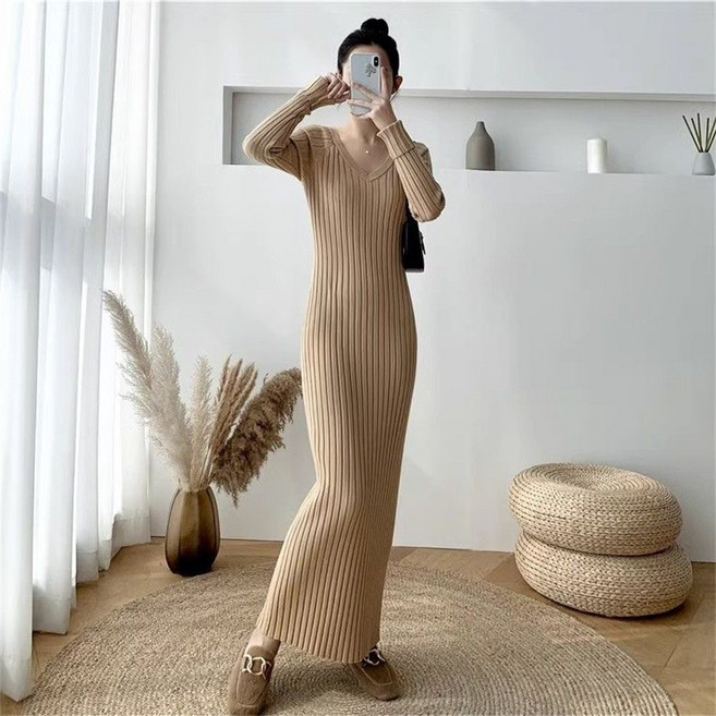 TKX 여성 긴소매 브이넥 니트 롱원피스 가을 겨울 슬림핏 스타일리쉬 K37