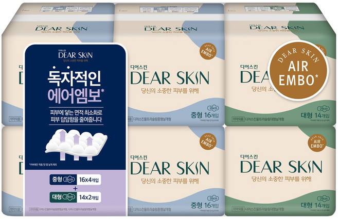디어스킨 에어엠보 생리대 날개형 중 16p 4팩 + 대 14p 2팩 세트, 1세트