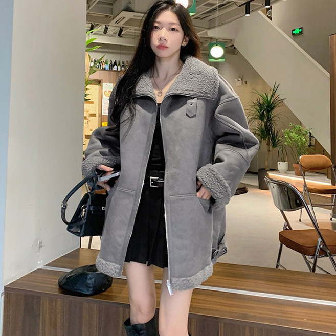 오버핏 무스탕 양면 양털 리버시블 하이넥 스웨이드 자켓 여성 겨울 아우터