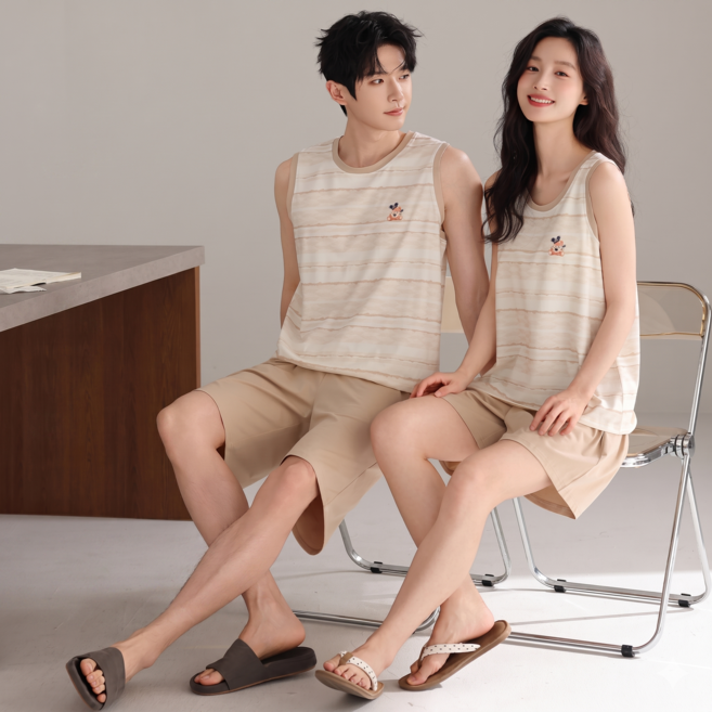 FvaBzon 여름 커플 파자마 세트 면 스판 스트라이프 민소매 홈웨어 실내복
