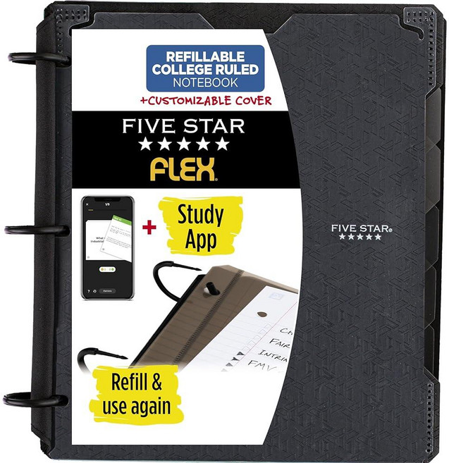 Five Star Flex 리필 가능한 노트 + 스터디 앱 맞춤형 커버가 있는 2.5cm(1인치) 바인더 대학 유선 노트 및 링 바인더 3개 하이브리드 노트 바인더 20, 블랙