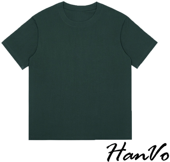 HanVo 8.1oz重磅純棉T恤 男女款 素T 短袖上衣 韓系寬鬆, 松柏綠,XL