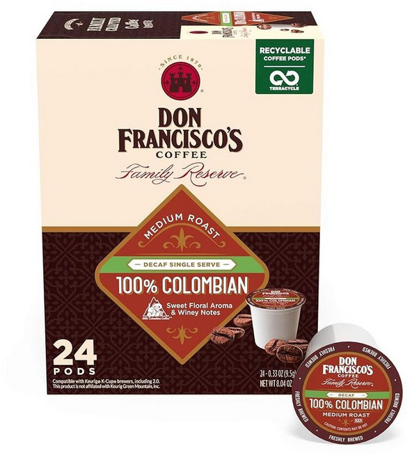 Don Franciscos 유기농 마야 블렌드 미디엄 다크 로스트 커피 포드 - 100개 재활용 가능한 1인용 K- Cup Keurig 메이커와 호환, 없음, 11) 디카페인 콜롬비아 - 24 Count Pack, 1개