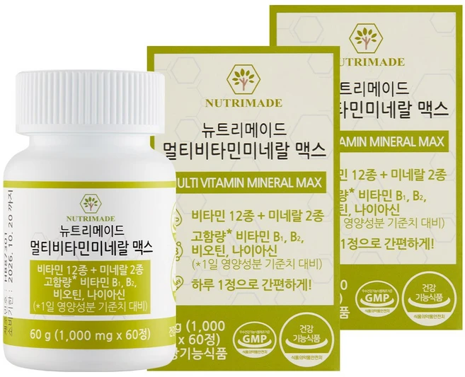 뉴트리메이드 고함량 멀티 비타민 미네랄 맥스 에너지1000mg 비타민B군 7종, 2개, 60정 - 쿠팡