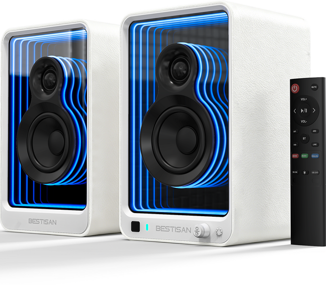 BESTISAN 어비스 100W 블루투스 북쉘프 스피커 2채널 앰프내장형 PC-FI TV 스피커, 화이트, SR15