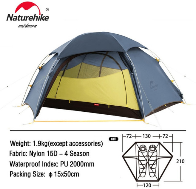 Naturehike 클라우드 피크 2 인용 텐트 초경량 캠핑 하이킹 야외 텐트 20D 나일론 방수 패브릭 NH17K240Y, 3.2P - 15D U Type