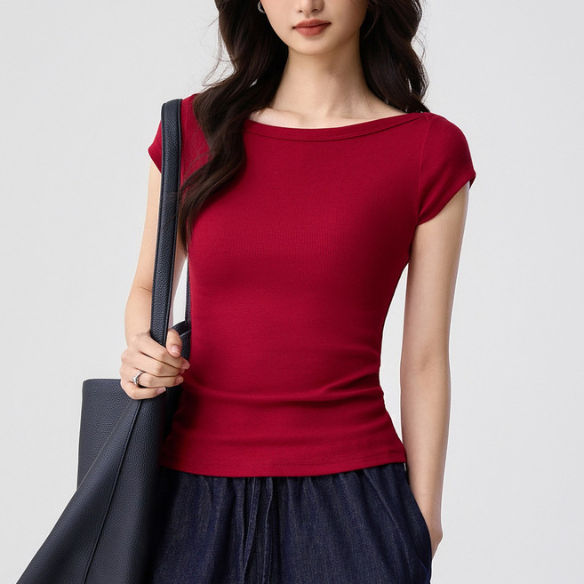 엘에프제트 여성 오프숄더 슬림핏 보트넥 골지티 입술넥 캡소매 티셔츠 26298