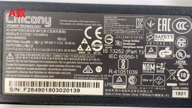 Chicony 45W AC電源適配器 A16-045N1A 20V 2.25A, 1個, A款, A款