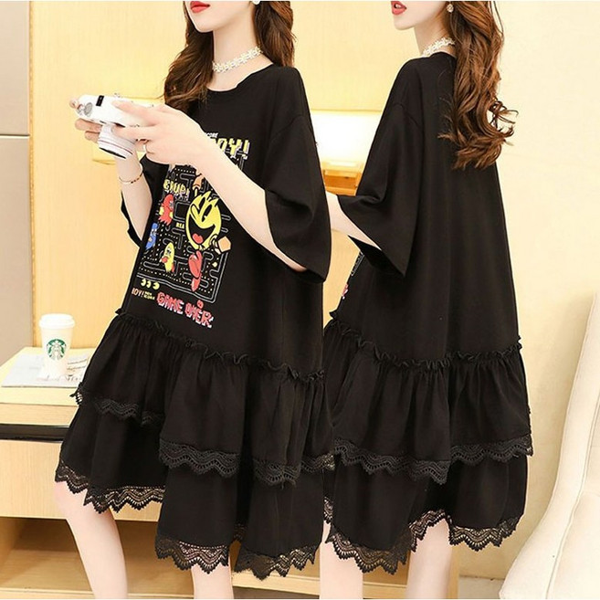 JUSTFEELING 100kg까지 빅사이즈 패턴 레이스코디 레이어드 반팔티 캉캉원피스 루즈핏 라운드넥 박시티 플레어 공주풍 플레어 스커트