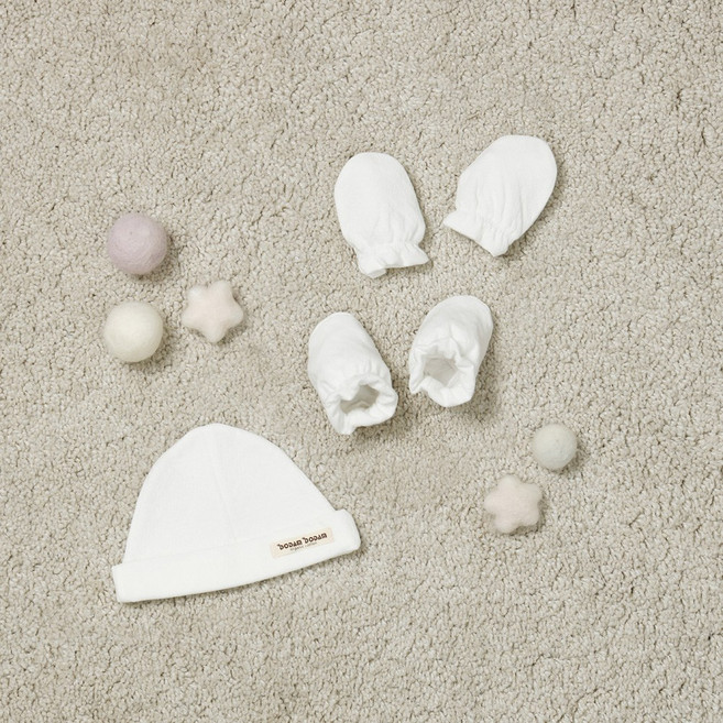 도담도담오가닉 무형광 화이트 신생아 아기 모자+손싸개+발싸개 3종세트