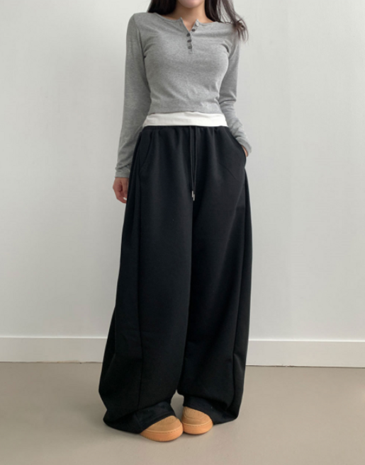 부기샵 팬츠 군살커버 퍼트 사이드 폴링 핀턱 와이드 트레이닝 롱팬츠