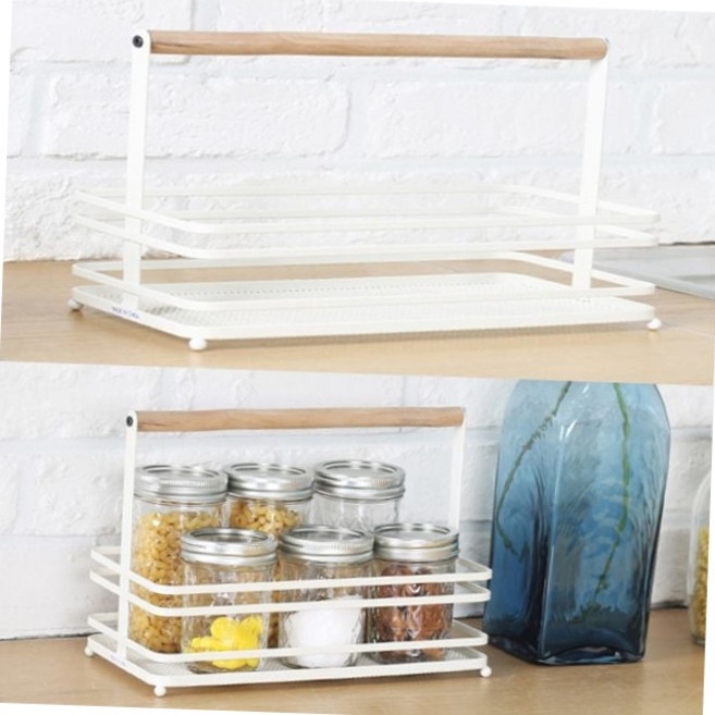 화이트 철제 원목 손잡이 미니 주방 양념통 수납 정리대 선반 바스켓