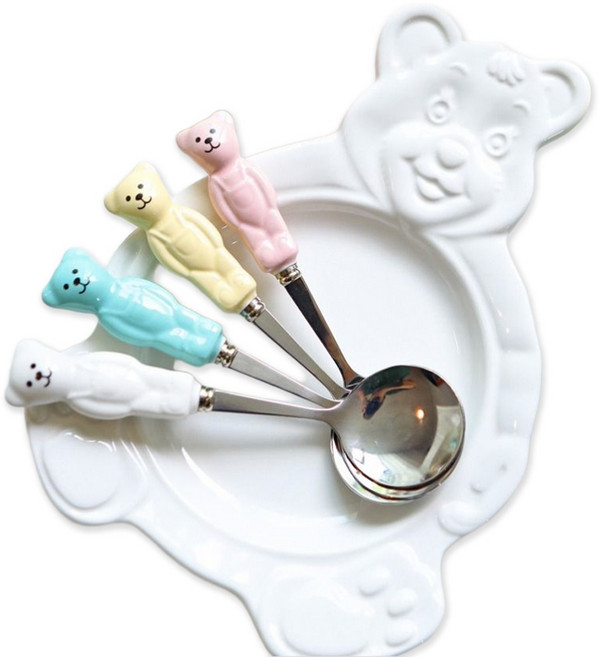 귀여운 빈티지 베어 시리얼 볼+커트러리 세트, 베어 접시 - 핑크, 베어 커트러리 - 화이트, 1개