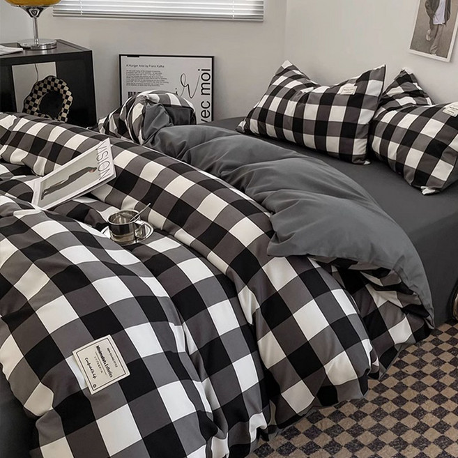 사계절 워싱 데일리 체크 베개커버 2개 + 침대시트 1개 + 이불커버 1개 고밀도 부드러운 침구세트