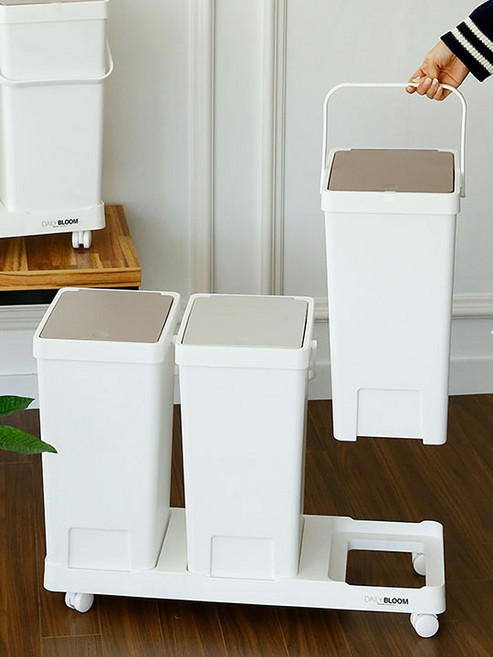 재활용 분리수거 20리터 가정용 쓰레기통 2단 3단 스탠드 이동식 원터치, 베이지네이비, 2P, 1개