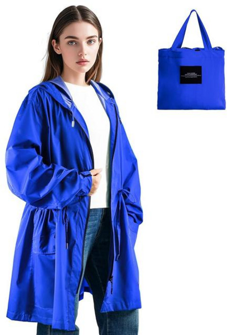 LAMA 여성 경량 레인 재킷 후드가 달린 방수 코트 큰 포켓 방풍 바람막이 재킷 (Color-Royal Blue Size-Large)
