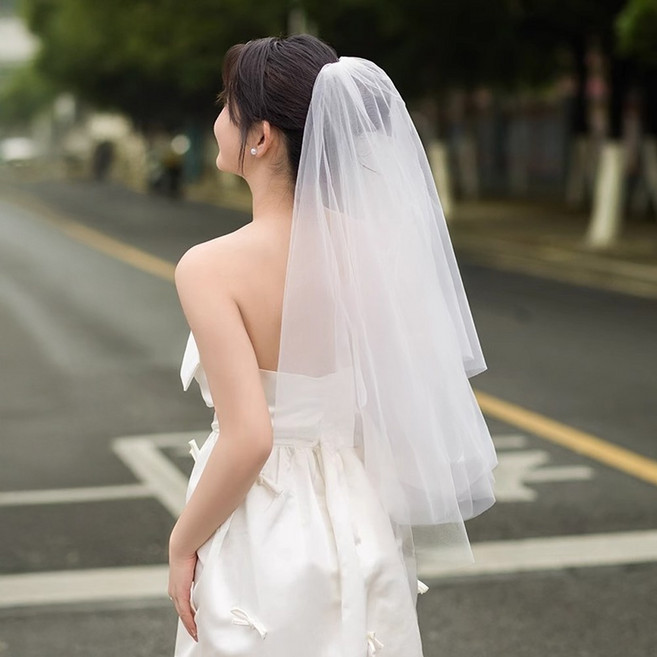 셀프웨딩 리본 면사포 베일 진주 촬영소품 브라이덜 샤워 숏 화이트, 1개, C.기본진주 화이트2단