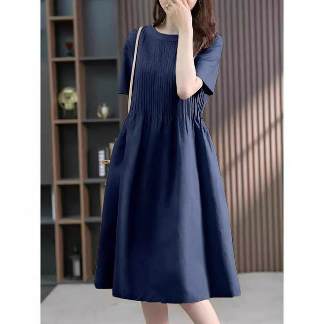 Neirny 중년 여성 라운드 반팔 원피스 여름용 엄마옷 면마 루즈핏 캐주얼 냉장고 심플 기질 데일리 하객룩 스판 아우터 롱 스커트