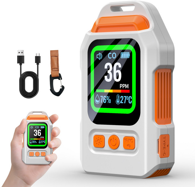 일산화탄소 경보기 측정기 감지기 휴대용 차량용 캠핑용 밝기조절 온습도 표시, 연회색