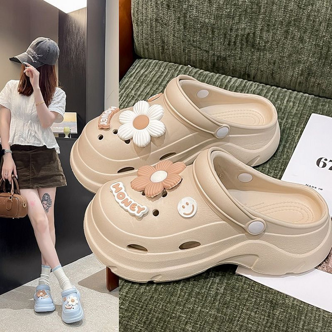 厚底洞洞鞋女 夏季外穿 舒適透氣 涼鞋, 曜石黑【太陽花】,40-41 男款比女款略大