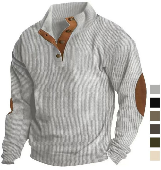ROYALBELLE 남성 코듀로이 버튼 카라넥 맨투맨 배색 패치 포근한 데일리 캐주얼 맨투맨 E01120316