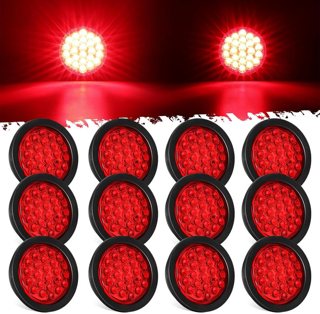 Partsam 12Pcs 4인치 원형 LED 트레일러 테일 라이트 키트 레드 24인치 방수 브레이크 스톱 턴 마커 트럭 RV 보트 UTE UTV 12V 그로밋 플러그용 밀폐형