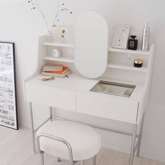 모아이 이로 크롬 라운드 슬라이딩 선반 수납 화장대 6008001000 2color (거울 포함), 화이트