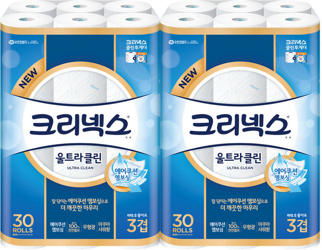 크리넥스 3겹 울트라 클린 롤화장지 천연펄프, 25m, 30개입, 2개