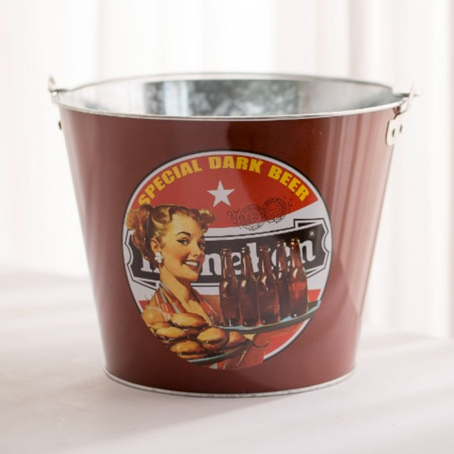 [데코봉봉] 양철 맥주 양동이(브라운) 아이스버킷 바스켓 빈티지 철제 캠핑, 브라운