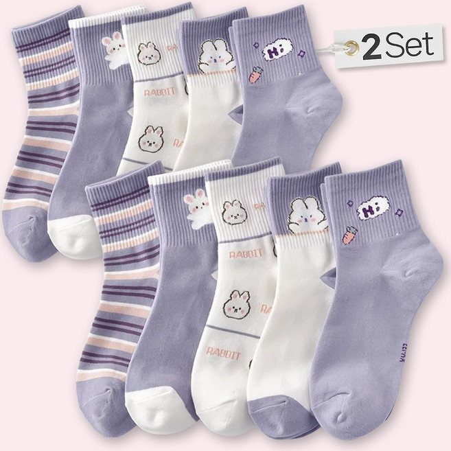 쿠밍 여성용 패션 러블리 데일리 코디 중목 양말 10켤레 세트