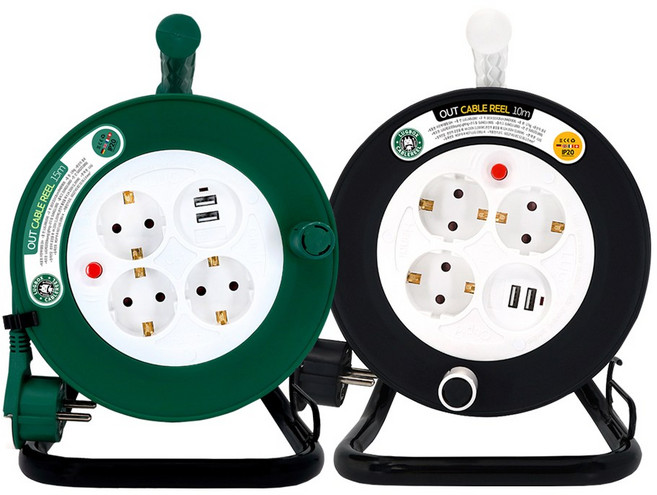 캠핑용 작업용 전선릴 러그 USB 아웃케이블 릴선 10m 15m, 1개