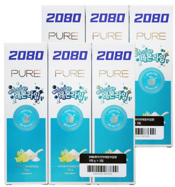 애경 2080 퓨어 치약 베이킹소다 담은 레몬라임향 120g 3입 2개 양치