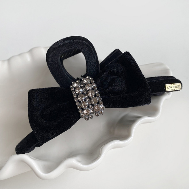빈티지 엔틱 크리스탈 큐빅장식 벨벳리본 올림머리 반머리 헤어집게핀
