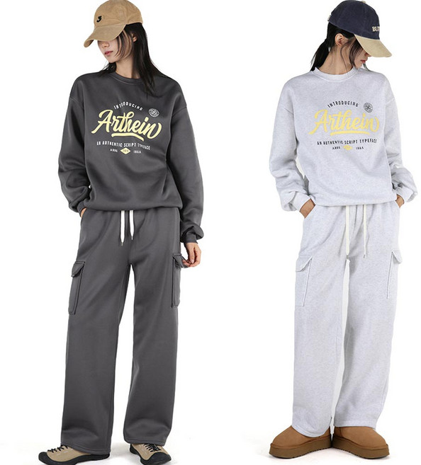 오버나인 여자 여성 겨울용 루즈핏 기모 맨투맨 트레이닝복 세트