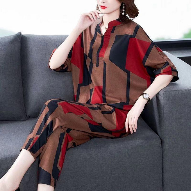 빅사이즈 여성 상하 세트 중장년용 배기 팬츠 반팔 투피스 패션 데일리룩 스타일 9부바지 면마 코디 린넨