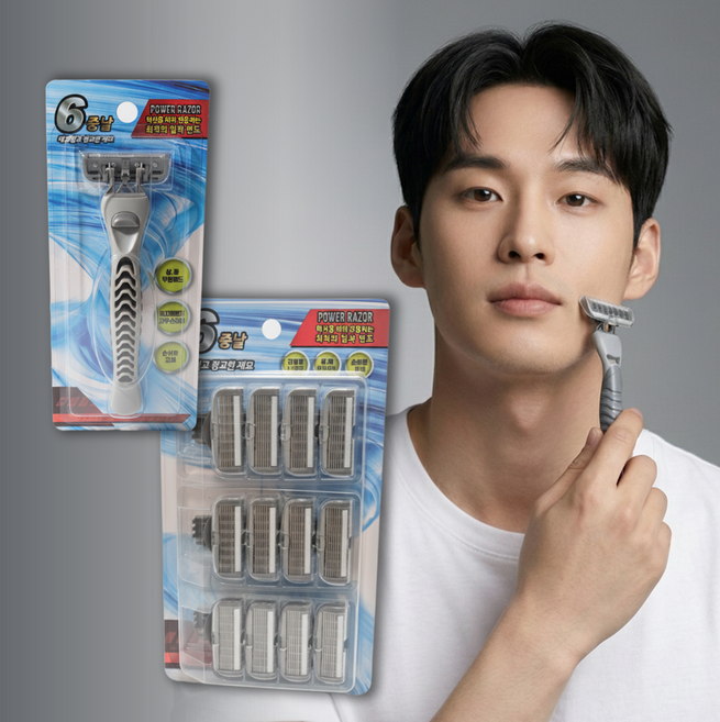6중날 면도기 가성비 파워레이저 본품 면도날 12p 세트, 1개, 면도기+교체형(12개)